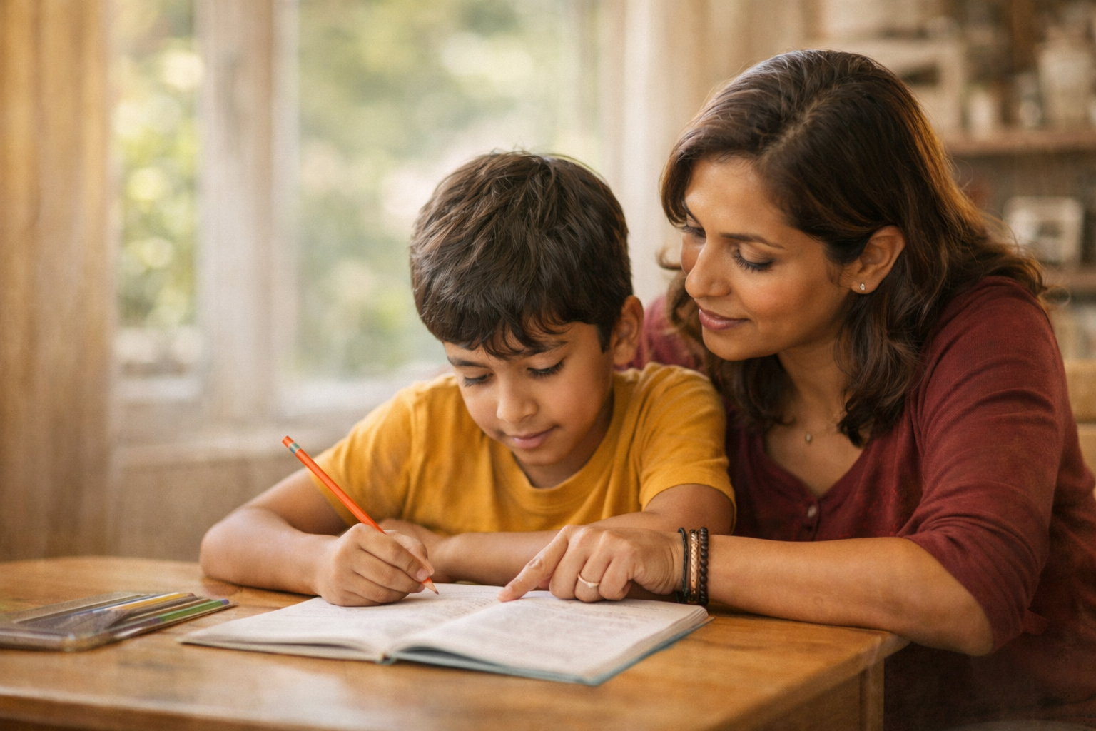 Mother and son learning together